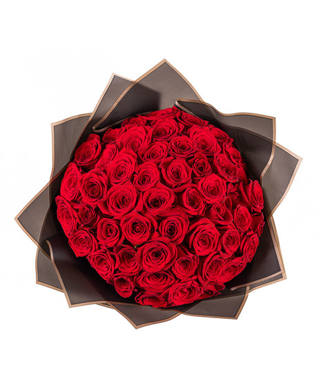 This Ramo Buchón boasts fifty red roses with artfully arranged tissue paper while hand-tied with love.