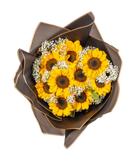 Ramo Buchón with 9 sunflowers, Gypsophila, hand-tied with tissue paper and keepsake faux butterflies.