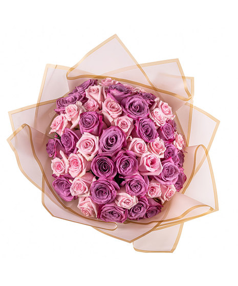 A Ramo Buchón with 25 pink and 25 lavender roses, hand-tied with tissue paper.